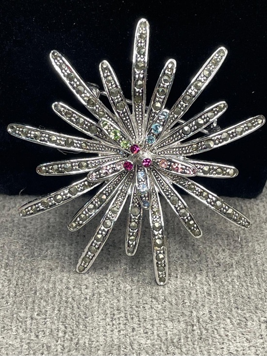 Jewelry - Silver Starburst Brooch with Multicolor Crystal Centers